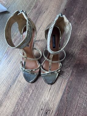 BCBGMaxAzria Metallic Gold Strappy Ankle-Cuff Heels